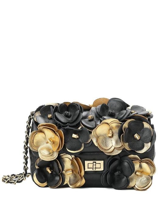 Tiffany & Fred Paris Black Full-grain Floral Leather Shoulder Bag