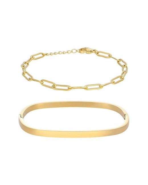Adornia Metallic 18K Plated Stainless Steel Tarnish-Resistant Rectangular Cuff & Paper Clip Chain Set Bracelet