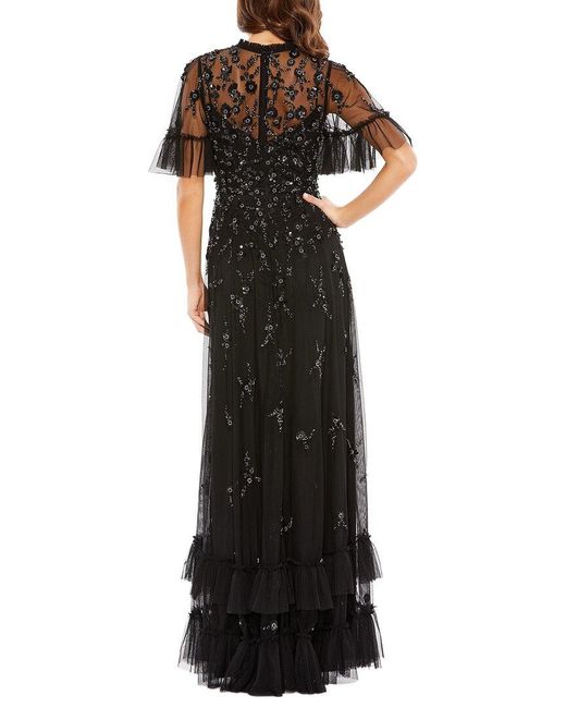 Mac Duggal Black Ruffle Floral Embellished Flutter Sleeve A Line Dress