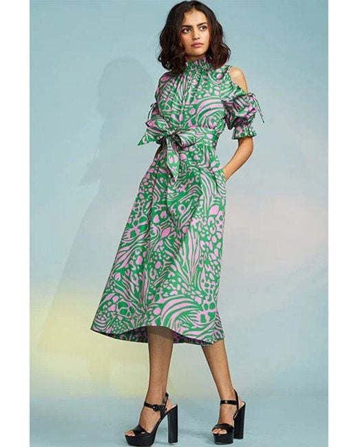 Cynthia Rowley Green Cold; Shoulder Printed Dress