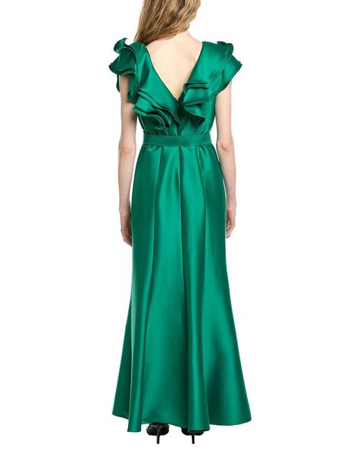 Badgley Mischka Green V-Neck Ruffle Gown
