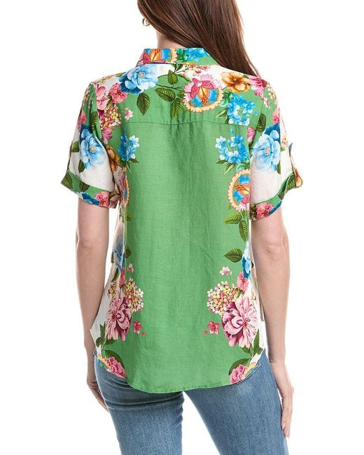 Tahari Green Button Down Linen-Blend Blouse