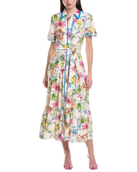 Maison Tara White Printed Midori Short Sleeve Midi Dress