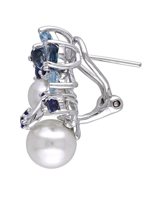 Pearls Blue Silver 3.00 Ct. Tw. Gemstone & 6-8.5mm Freshwater Pearl Earrings