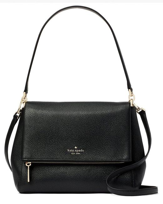 Kate Spade Black Leila Medium Pebbled Leather Flap Shoulder Bag
