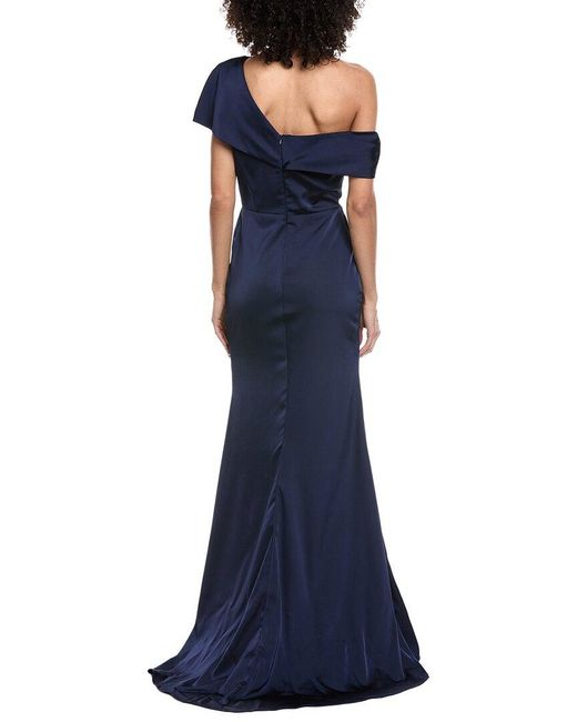 Rene Ruiz Blue Asymmetric Off-Shoulder Crepe Gown