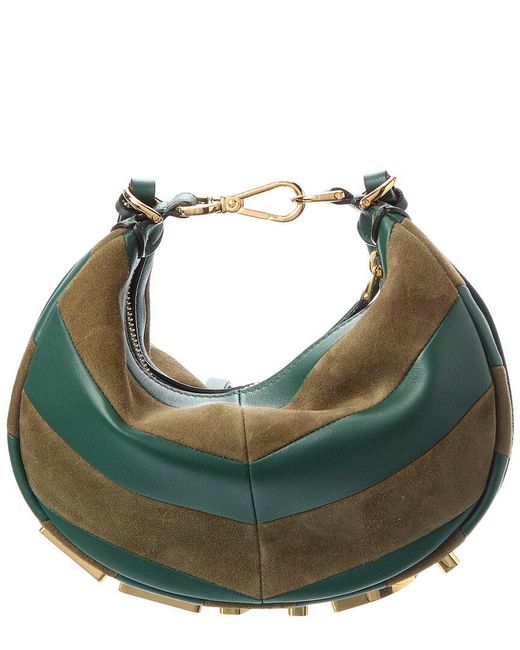 Fendi Green Graphy Mini Leather & Suede Hobo Bag