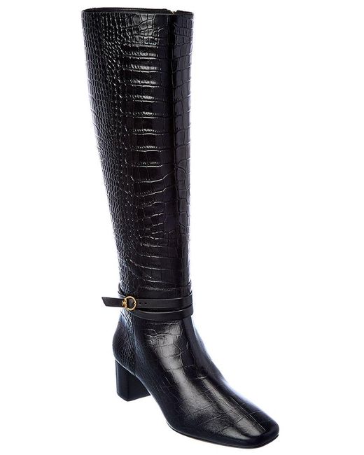 Tory Burch Black Squared Toe Croc-embossed Leather Knee-high Boot