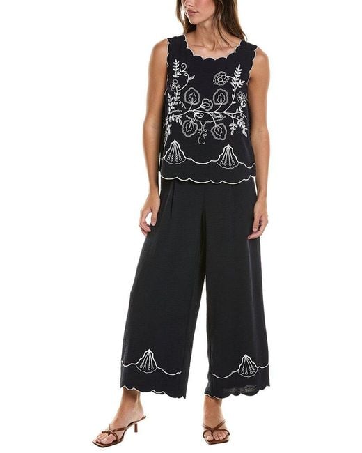 Adrianna Papell Black 2Pc Airflow Embroidered Blouse & Pant Set