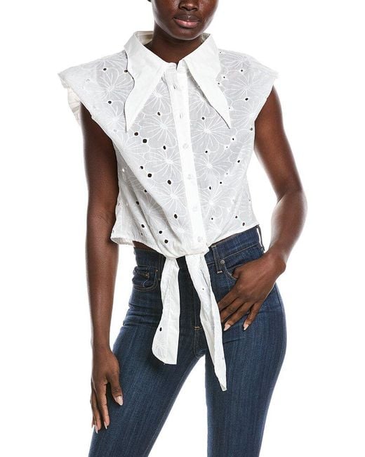 Gracia White Eyelet Embroidered Tie-Front Top