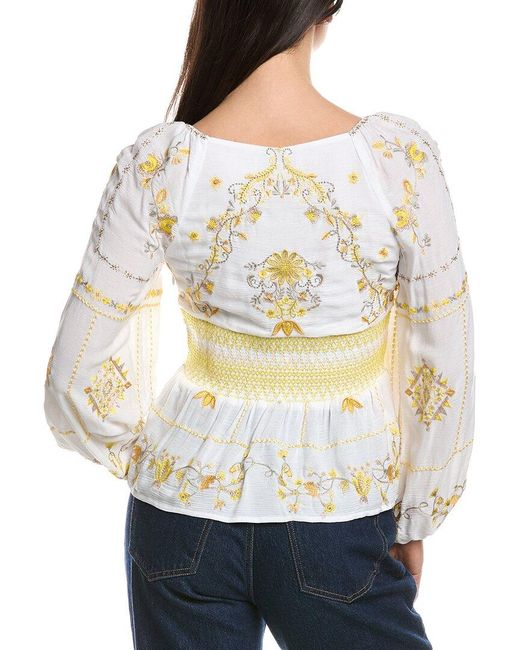 Hale Bob White Embroidered Smocked Top