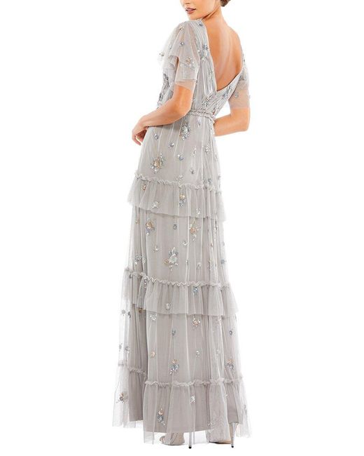 Mac Duggal White Mesh Ruffle Embellished Flutter Sleeve Gown