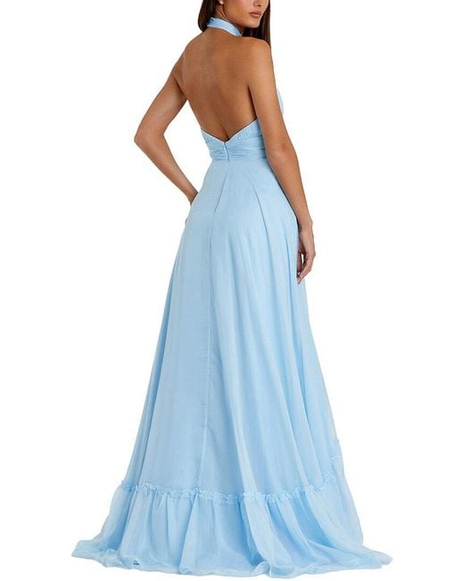 Mac Duggal Blue High Neck Tiered Chiffon Halter Gown