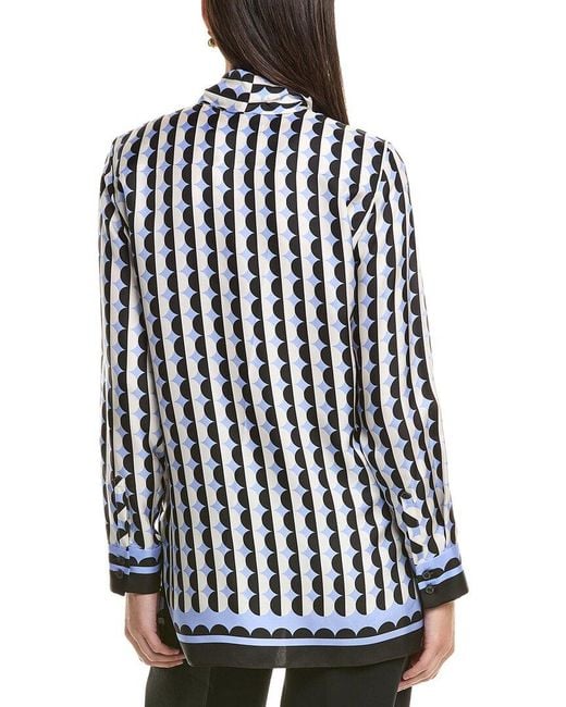 Oscar de la Renta Blue Mini Geo Silk Blouse