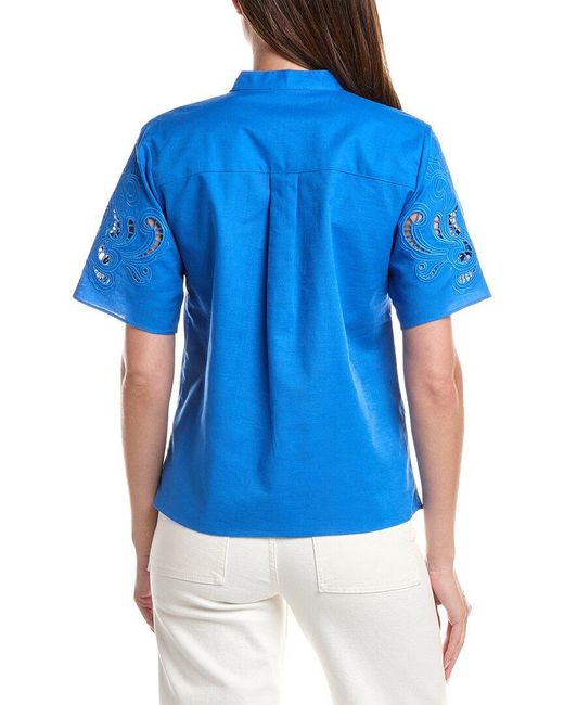Tahari Blue Linen-Blend Solid Blouse