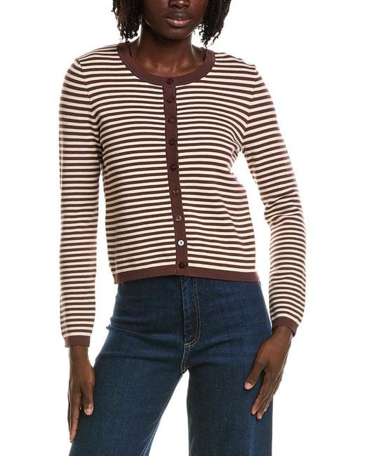 Tahari Blue Crewneck Striped Cropped Cardigan