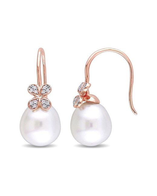 Pearls White 14k Rose Gold 0.12 Ct. Tw. Diamond 11.5-12mm Pearl Petal Earrings