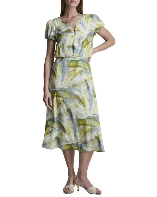DKNY Green Printed Voile Tiered Tie-Neck Dress