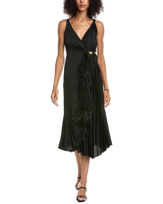 Prada Black Feather Trimmed Pleated Satin Wrap Dress