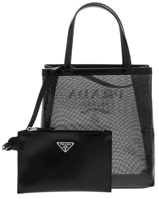 Prada Black Sequined Mesh & Leather Tote