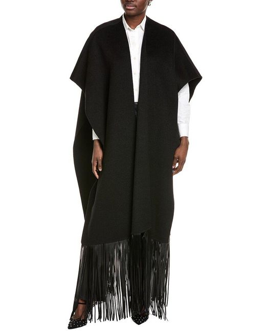 Michael Kors Black Collection Leather-Trim Wool-Blend Fringe Cape