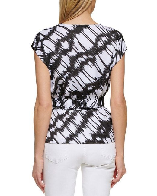 DKNY Black Printed Cap Sleeve V-Neck Top