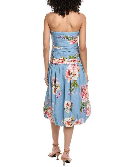 Hemant & Nandita Blue Ruched Linen-Blend Midi Dress