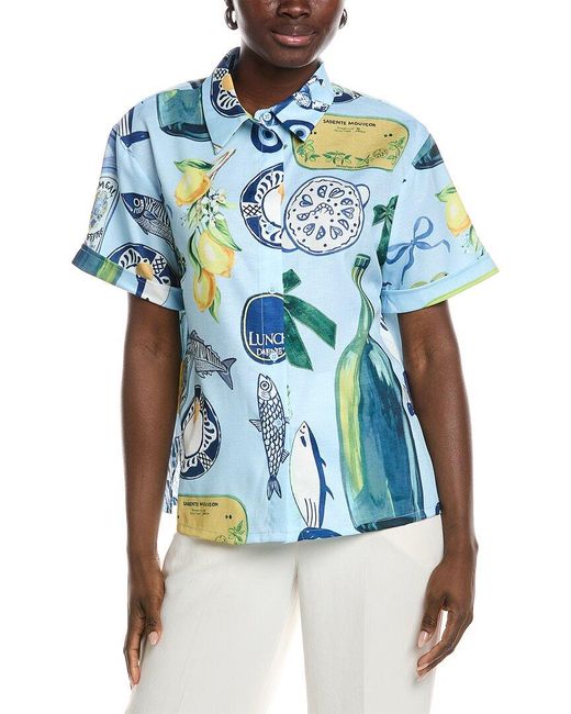 Gracia Blue Printed Button Down Top