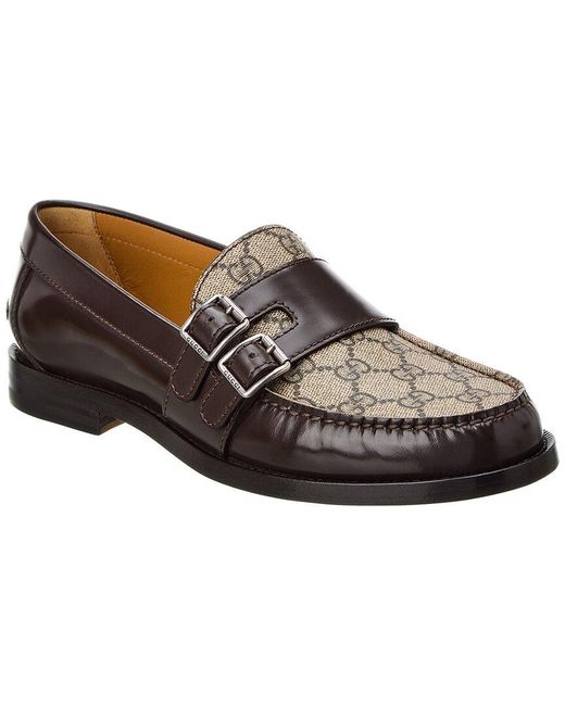 Gucci Gg Buckle Gg Supreme Canvas & Leather Loafer in Brown 