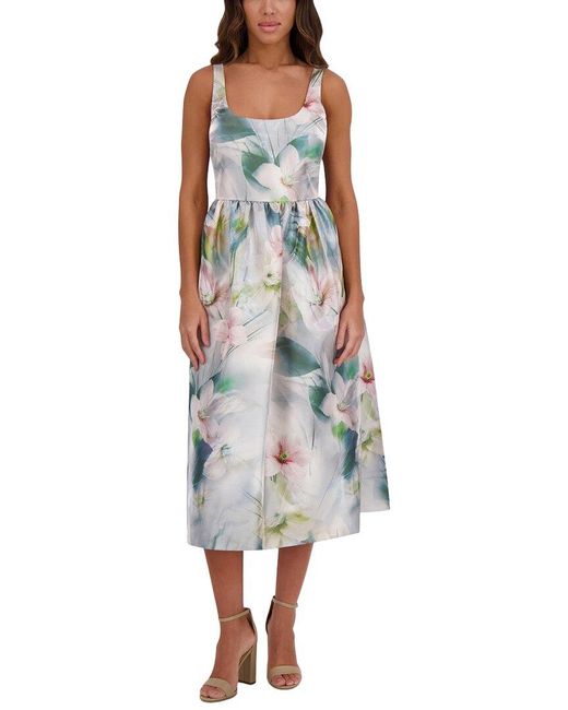 Kensie Blue Printed Shimmer Twill Midi Dress