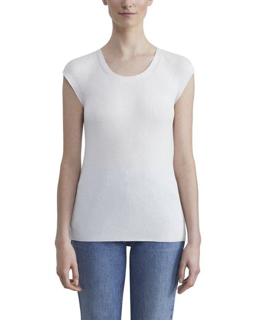 Lafayette 148 New York White Ribbed Wide Crewneck Silk-Blend Pullover