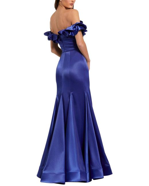 Mac Duggal Blue Satin Ruffle Detail Off The Shoulder Mermaid Gown