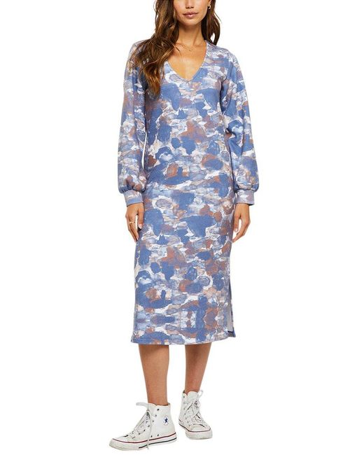 Sol Angeles Blue Watercolor Camo Billow Midi Dress