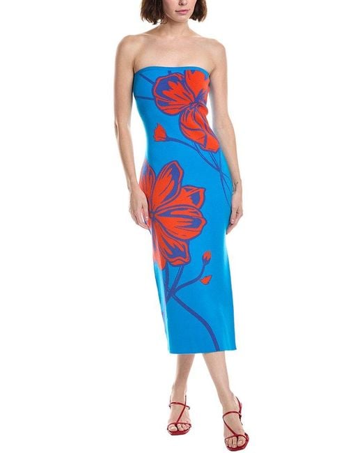 MILLY Blue Seraphina Strapless Oversized Placed Midi Dress