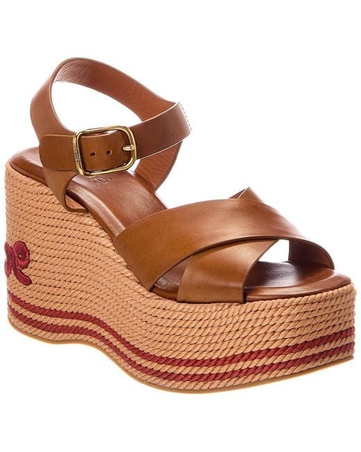Chloé Brown Sand Raffia & Leather Wedge Sandal