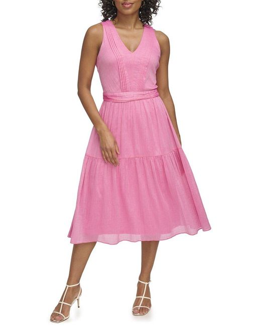 DKNY Pink Tiered V-Neck Dress