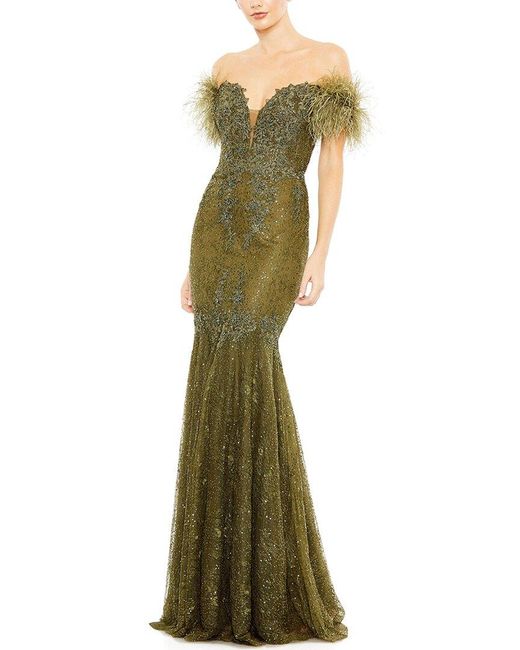 Mac Duggal Green Dnu Feathered Crystal Embellished Mermaid Gown