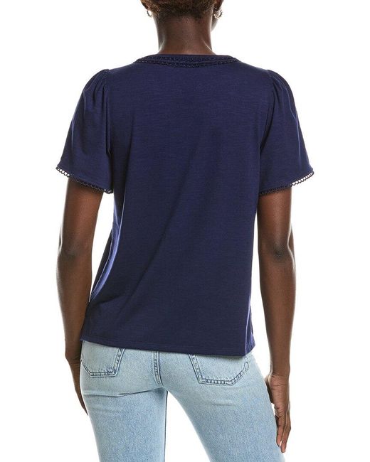 Jones New York Blue Drapey Slub Split Neck Top