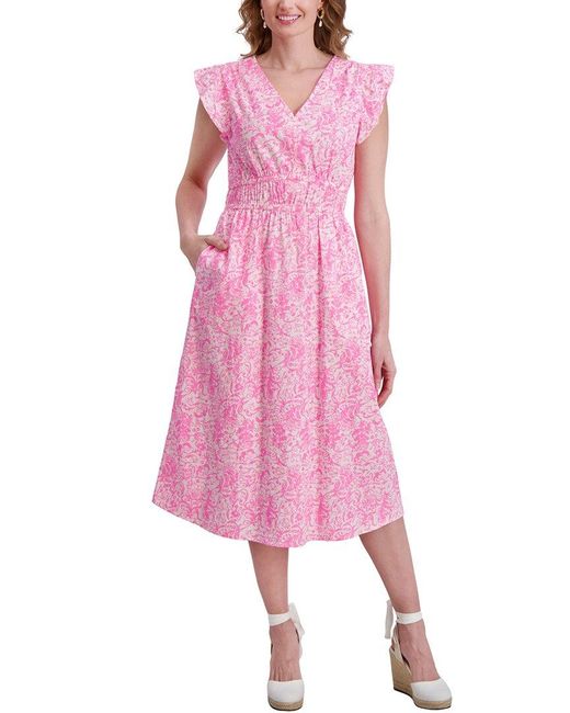 Stella Parker Pink Flutter Sleeve Elastic Waist Midi Dress
