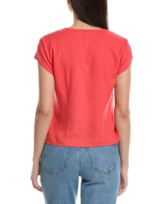 Ellen Tracy Red Linen-Blend Ruffle Tie Front Top