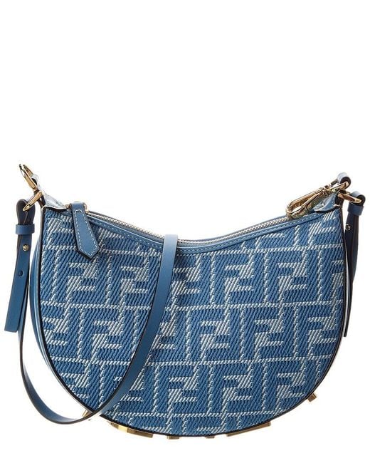 Fendi Blue Graphy Mini Ff Jacquard & Leather Hobo Bag