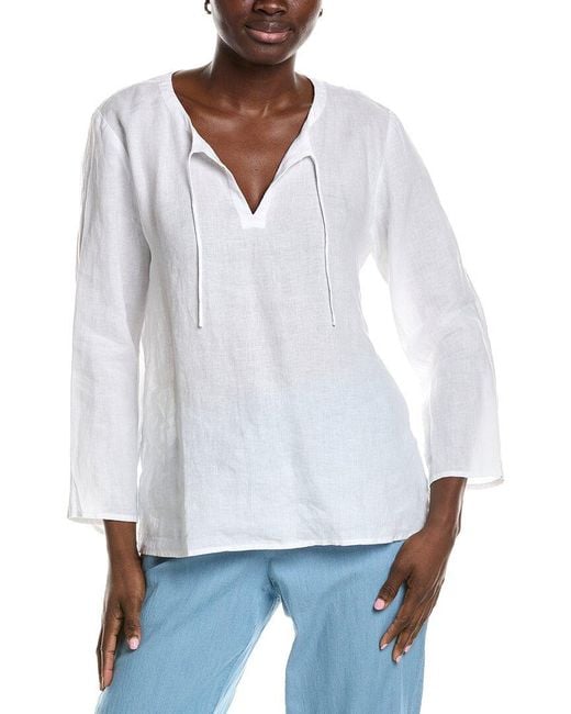 Eileen Fisher White Round Neck Linen Top