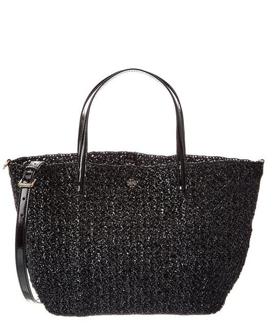 Tory Burch Black Emerson Lacquered Raffia Small Tote