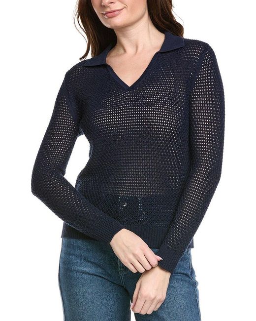 Hannah Rose Blue Arwen Textured Polo Collar Cashmere-Blend Sweater