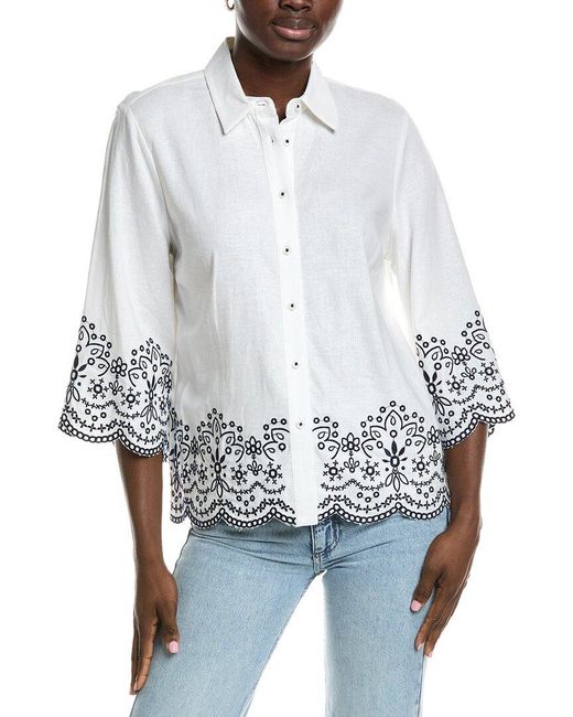 Jones New York White Cropped Sleeve Linen-Blend Blouse