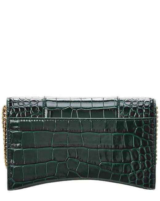 Balenciaga Green Hourglass Croc-embossed Leather Wallet On Chain