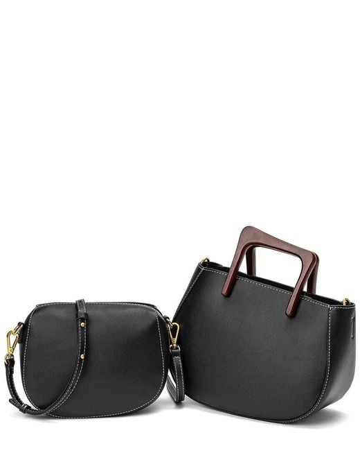 Tiffany & Fred Paris Black Leather Top Wooden Handle Satchel