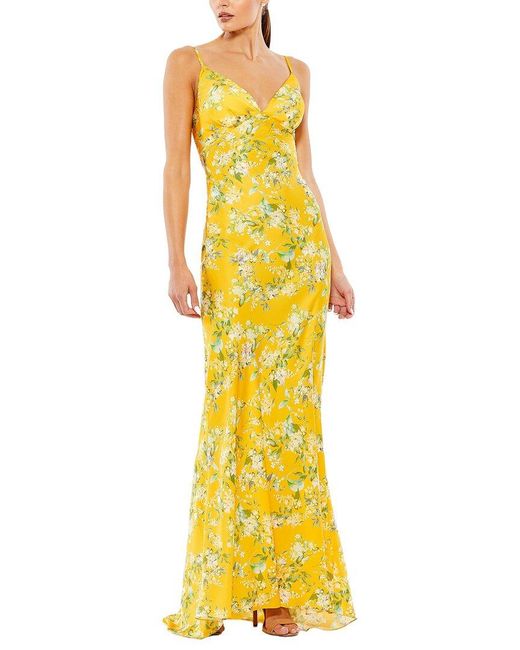 Mac Duggal Yellow Floral Print Sleeveless Trumpet Gown