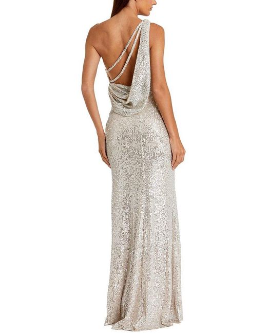 Mac Duggal White Sequined One Shoulder Draped Back Gown