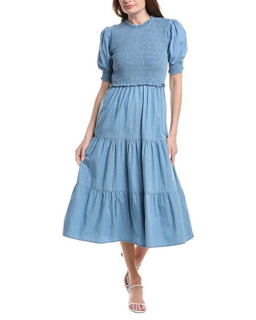 Sail To Sable Blue Puff Sleeve Smocked Midi Dress
